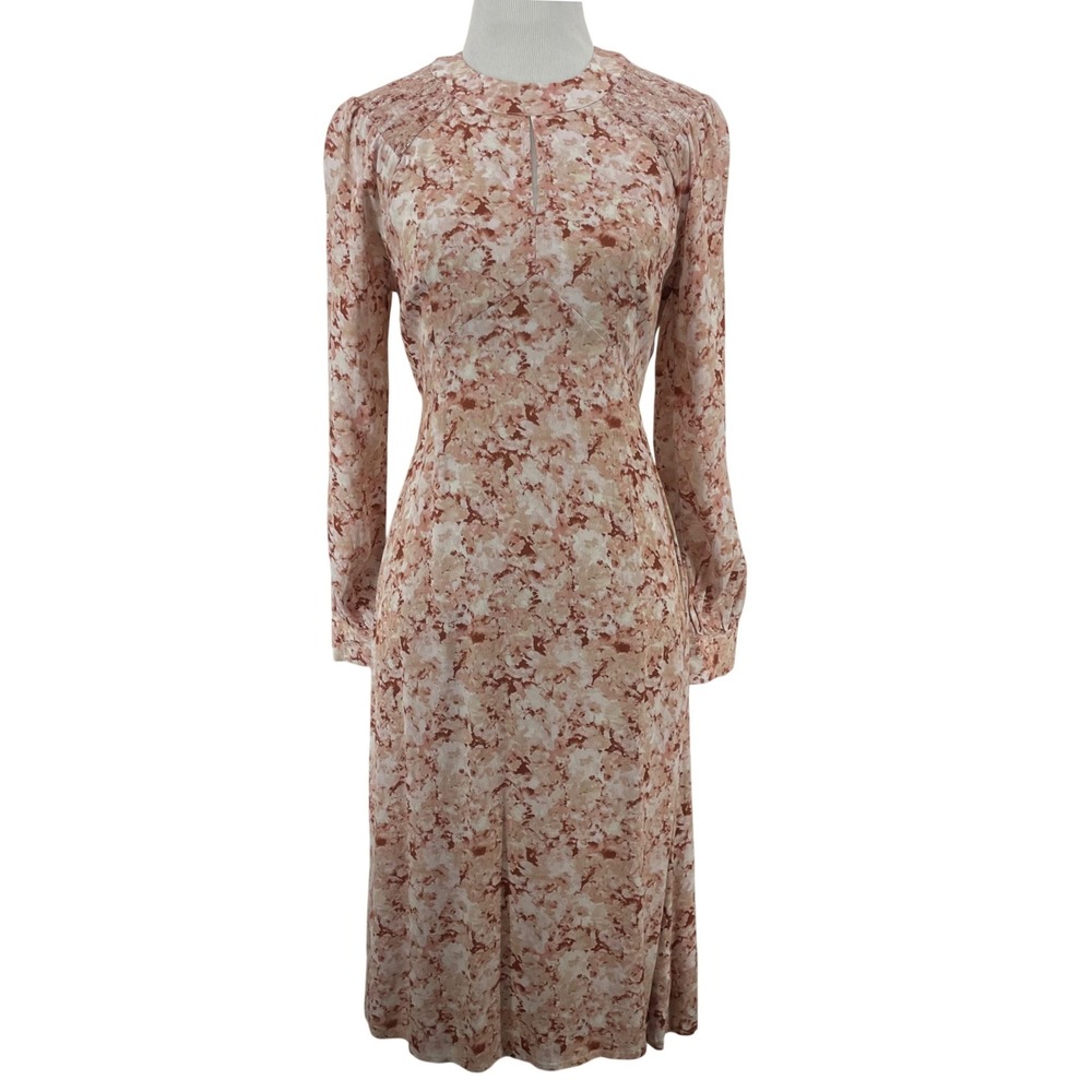 Downeast Size XS Midi Dress Pink Floral‎ Smocked Keyhole Long Sleeve Womens